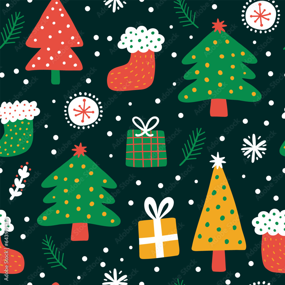 Christmas holiday flat vector seamless pattern. Texture of winter season symbols. Traditional Christmas attributes Christmas trees, gifts.