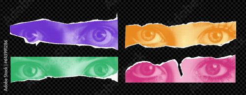 Set of vector female eyes as if png elements cut out of a magazine. Vibrant acid trend colors on transparent background. Emotional eye for collage. Vector illustration.