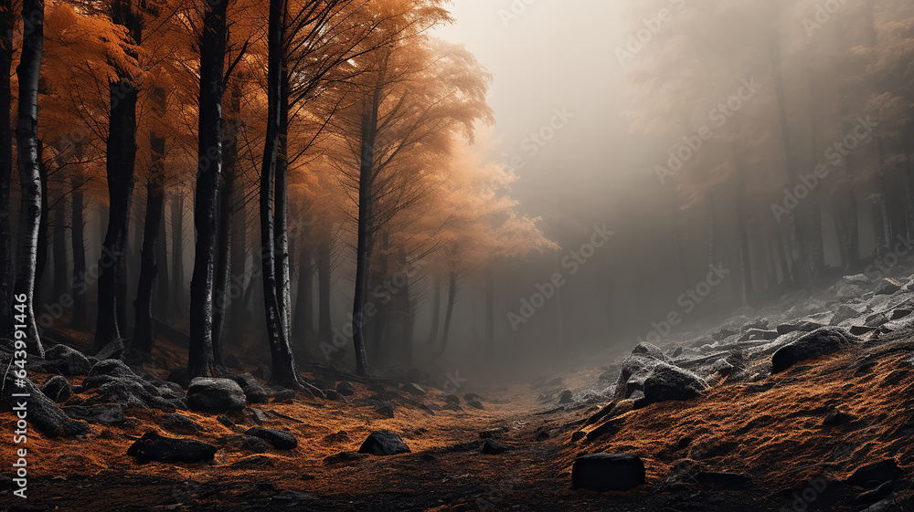 Fototapeta premium yellow misty autumn forest in the mountain landscape of October wildlife