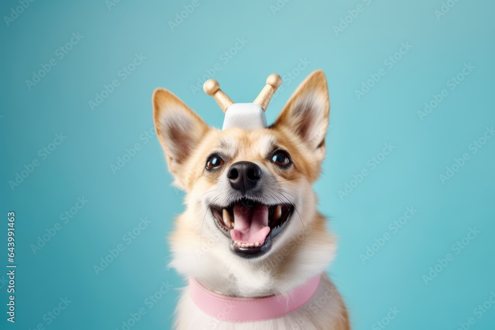Close-up portrait photography of a smiling norwegian lundehund tail wagging wearing a unicorn horn against a pastel blue background. With generative AI technology Close-up portrait photography of a smiling norwegian lundehund tail wagging wearing a unicorn horn against a pastel blue background. With generative AI technology