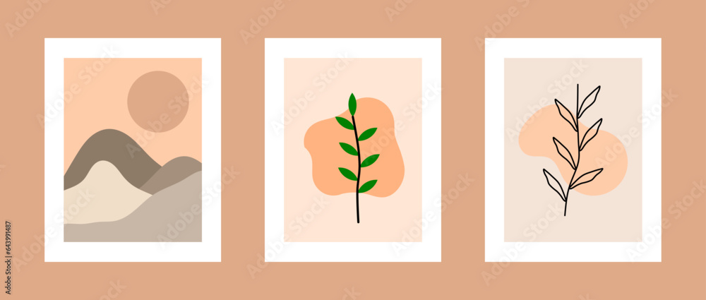 vector illustration of three pastel posters with mountain landscape shapes and leaves. Abstract design for background, wallpaper, card, wall art