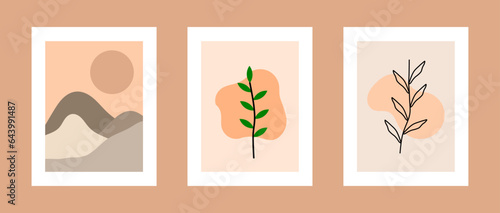 vector illustration of three pastel posters with mountain landscape shapes and leaves. Abstract design for background, wallpaper, card, wall art