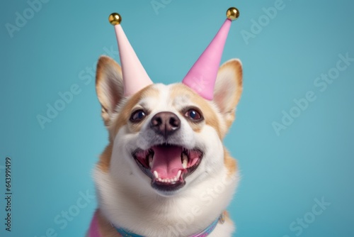 Close-up portrait photography of a smiling norwegian lundehund tail wagging wearing a unicorn horn against a pastel blue background. With generative AI technology © Markus Schröder