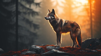 silhouette of a wolf in a misty autumn forest landscape view of wildlife