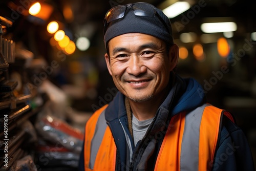 Portrait of a garbage man, positive asian man looks at the camera