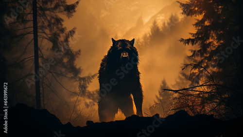 werewolf silhouette fear horror in the forest ghoul ancient horror fairy tale beast wolf predator in the fog of the night forest photo