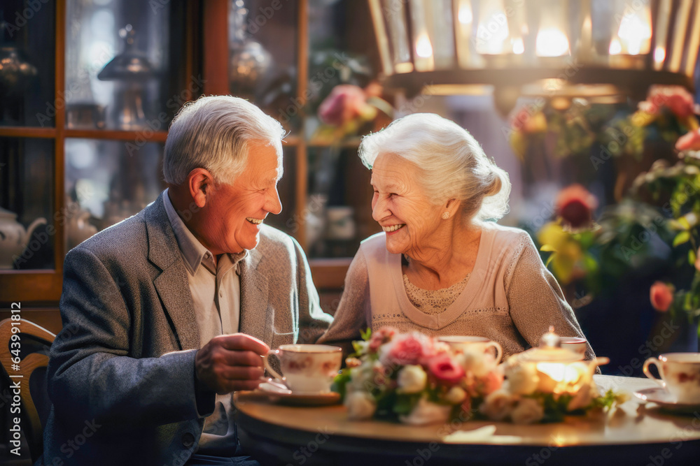 A senior couple enjoys tea at an elegant tearoom, a moment of refined relaxation and togetherness