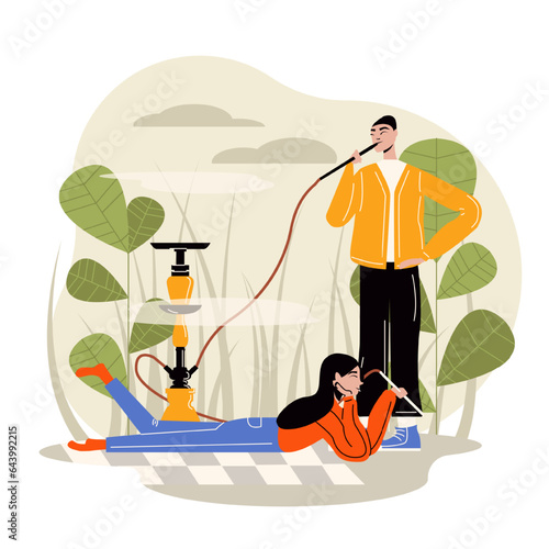 Female lying on ground, holding pipe, young male standing near and smoking. Concept of tobacco smoking outside. Flat vector illustration in cartoon style in green colors