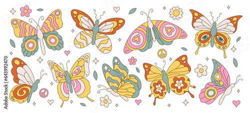 Colorful groovy butterfly cute hippie insect graphic boho art design decorative element set