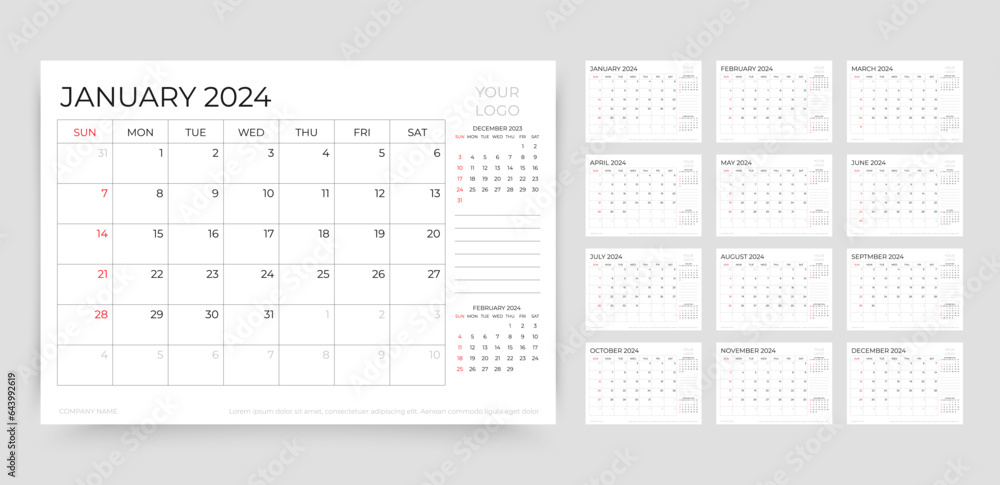 2024 calendar. Planner, calender template. Week starts Sunday. Yearly organizer. Table schedule grid with 12 month. Corporate monthly diary layout. Horizontal simple design. Vector illustration. 2024 calendar. Planner, calender template. Week starts Sunday. Yearly organizer. Table schedule grid with 12 month. Corporate monthly diary layout. Horizontal simple design. Vector illustration.