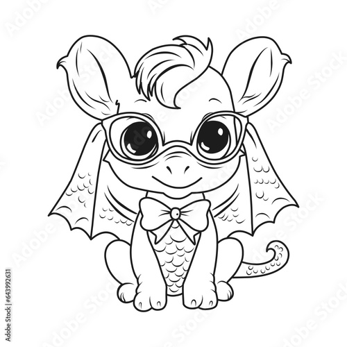 A vector of a cute dragon in black and white coloring.