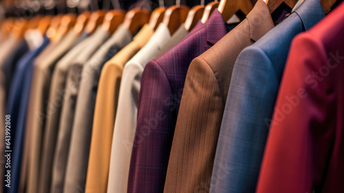 Different colors of jackets hang on hangers in the closet. Horizontal background. The concept of clothing.