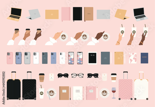successful woman, lady boss accessories clipart,  girl hand with coffee cup, smartphone, tablet, laptop, planner, notebook, glasses, suitcase, isolated vector illustration