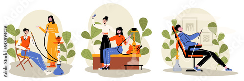 Set of people sitting in lounge zone and smoking. Lady and man talking. Hookah lounge club. Concept of tobacco smoking. Flat vector illustration in cartoon style