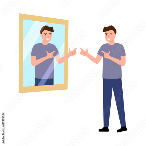 Get to know yourself better concept vector illustration. Man greeting himself in the mirror in flat design on white background.