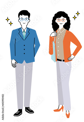 キラキラ輝いているキリっとした表情のビジネスパーソンの男女の全身イラストセット（めがねあり）