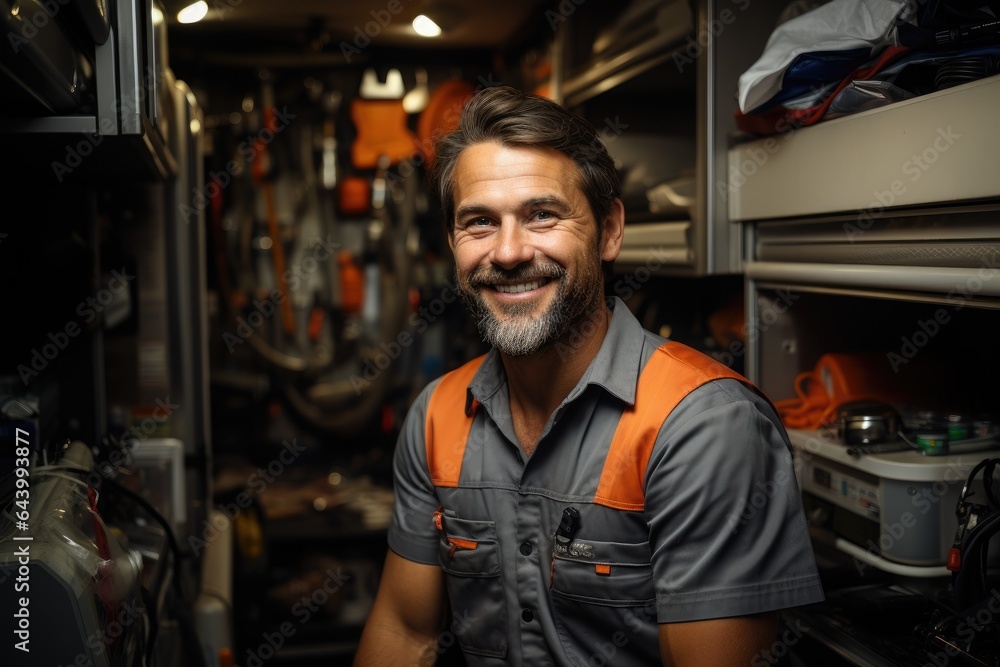 Portrait of a plumber. Smiling adult european man is in a workshop Portrait of a plumber. Smiling adult european man is in a workshop