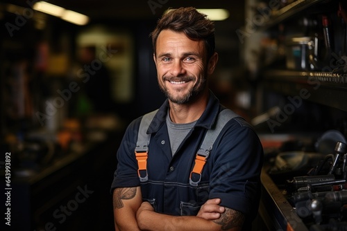 Portrait of a plumber. Smiling adult european man stands with crossing hands in a workshop