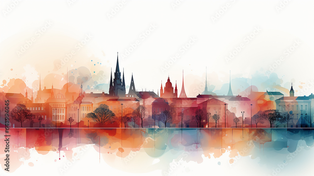 Cityline watercolor painting landscape abstract old european city background white, autumn print poster