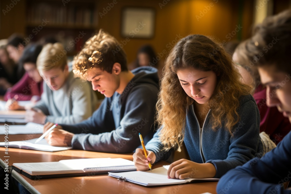 Student girl write in a notebook during class. AI generated Student girl write in a notebook during class. AI generated