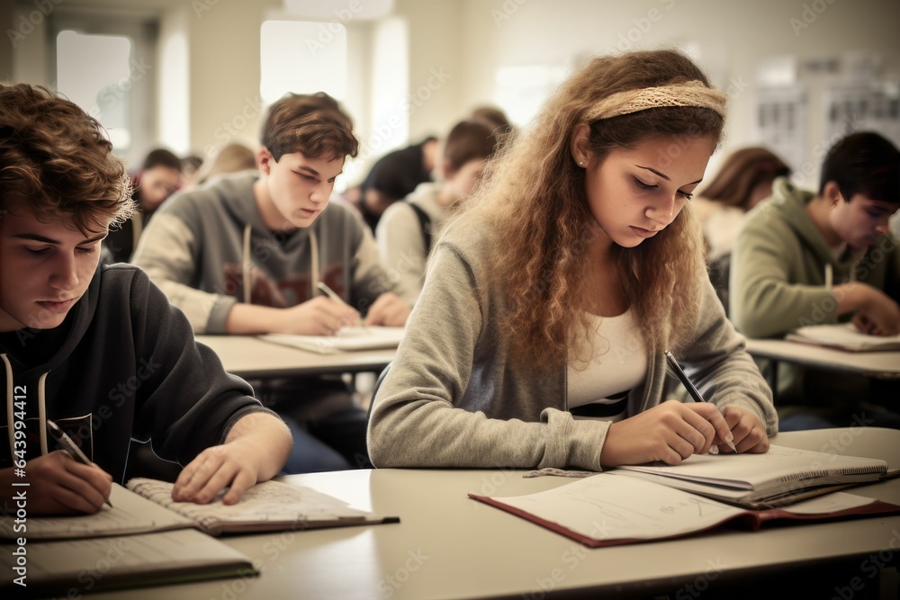 Student girl write in a notebook during class. AI generated Student girl write in a notebook during class. AI generated
