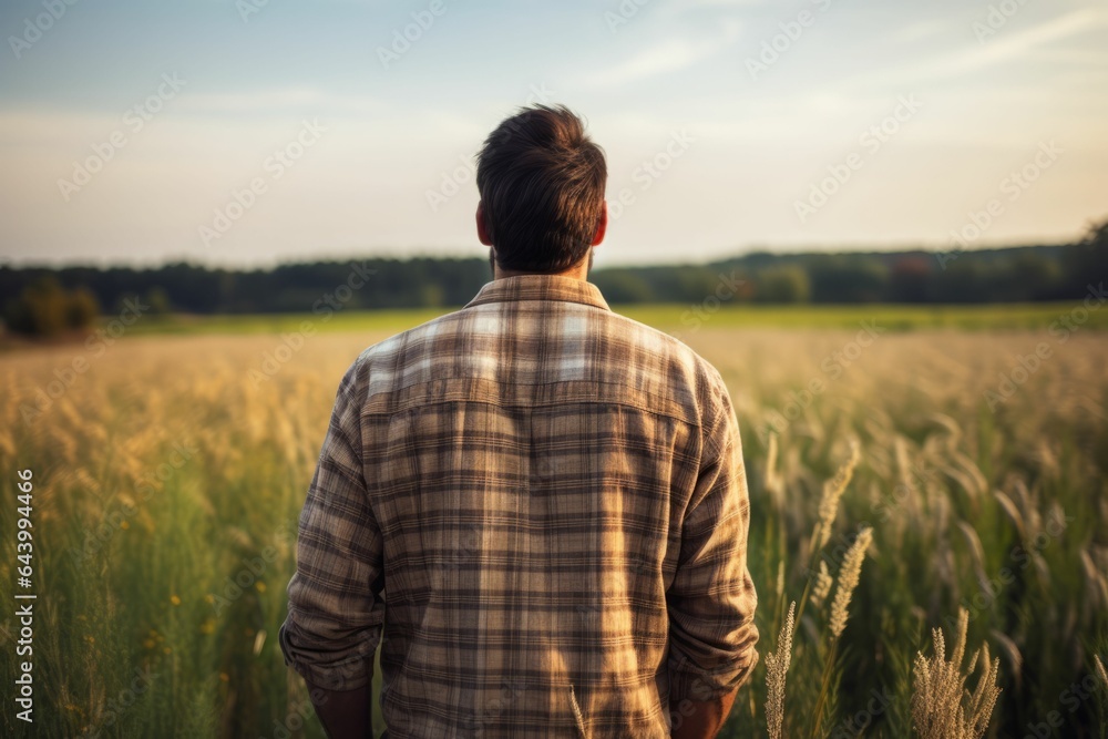 Farmer is wearing a plaid shirt in a wheat field, back view. AI generated Farmer is wearing a plaid shirt in a wheat field, back view. AI generated