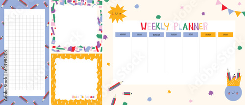 Cute childish school timetable, weekly classes schedule for kids with school supplies. Printable planner, diary for student. Stationery set for children. To Do List.
