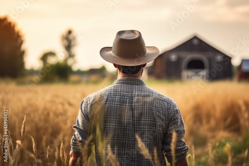 Farmer is wearing a hat in a wheat field, back view. AI generated