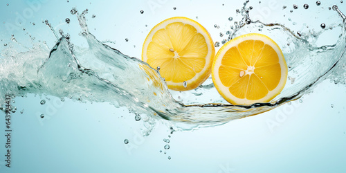 A refreshing closeup of a lemon slice splashing into water. The citrus fruit is juicy, healthy, and packed with vitamin C. Vibrant colors and dynamic scene.