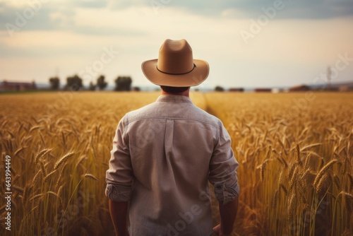 Farmer is wearing a hat in a wheat field, back view. AI generated © tiena