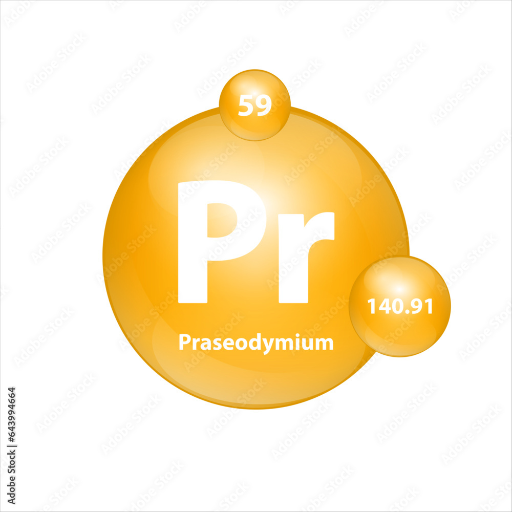 Praseodymium (Pr) icon structure chemical element round shape circle yellow dark. Chemical element of periodic table Sign with atomic number. Study in science for education. 3D Illustration vector. Praseodymium (Pr) icon structure chemical element round shape circle yellow dark. Chemical element of periodic table Sign with atomic number. Study in science for education. 3D Illustration vector.
