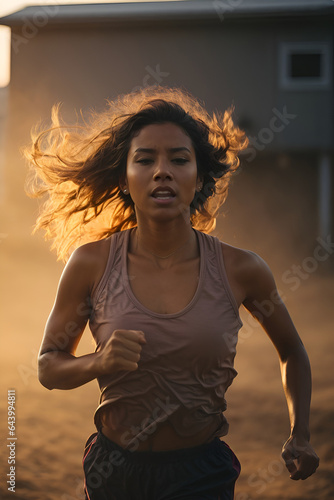 Woman running on the beach at sunset