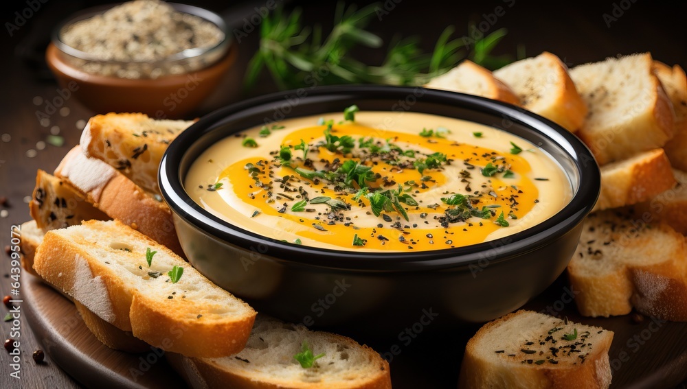 Cheese soup with croutons and herbs in a bowl. Cheese soup with croutons and herbs in a bowl.