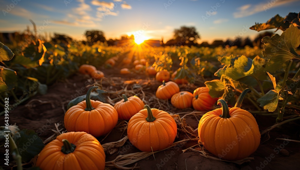 Pumpkin patch on sunny Autumn day. Beautiful fall scene. - obrazy, fototapety, plakaty 
