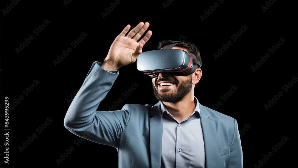 smiling businessman in vr headset touching virtual screen isolated on black smiling businessman in vr headset touching virtual screen isolated on black