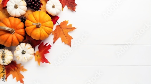 Top view of white wood background decorated with pumpkins and leaves. AI Generated.