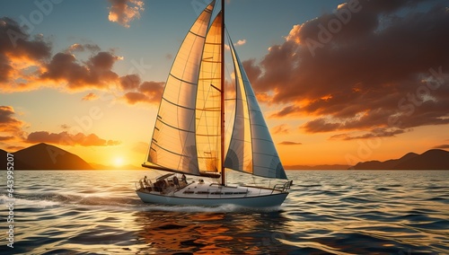 Sailing yacht in the sea at sunset. © Meow Creations