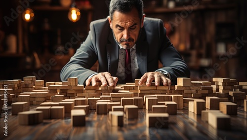 Concentrated businessman playing dominoes in his office.
