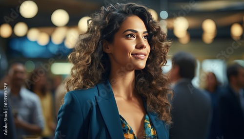 Portrait of a beautiful young woman with curly hair in a business suit.