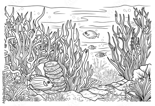 Underwater world coloring page. Coloring page life in the ocean with algae