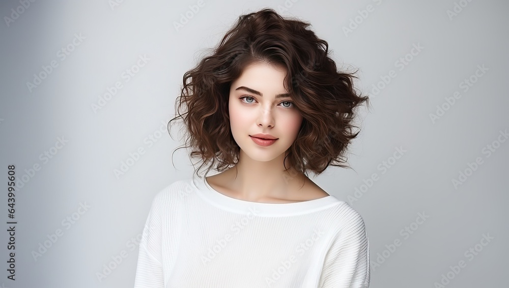 Portrait of a beautiful young brunette woman with curly hair. Portrait of a beautiful young brunette woman with curly hair.