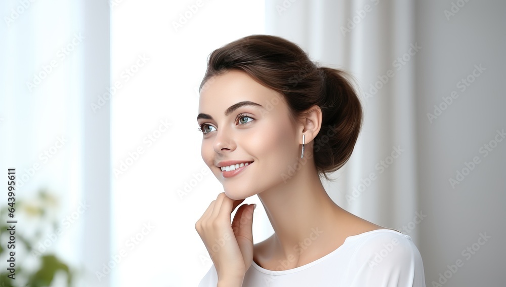 Beautiful young woman with earring on light background. Beauty salon Beautiful young woman with earring on light background. Beauty salon