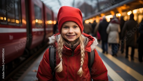 Smiling girl with backpack waiting for train at railway station in winter