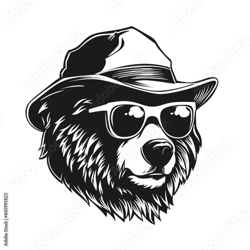 Californian bear with grasses in the ranger hat. Hand drawn vector illustration. 