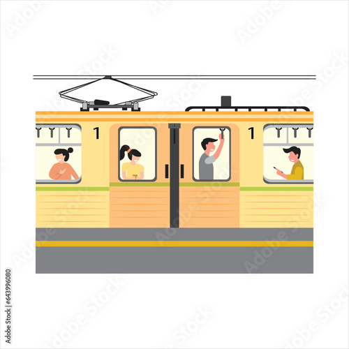 Flat illustration railway full of passengers talking to each other. Modern cartoon vector design concept.