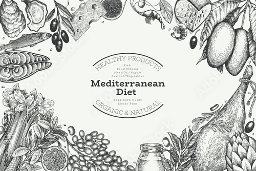 Mediterranean Cuisine Design Template. Vector Hand Drawn Healthy Food Banner. Vintage Style Menu Illustration.