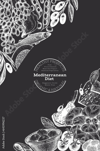 Mediterranean Cuisine Design Template. Vector Hand Drawn Healthy Food Banner. Vintage Style Menu Chalk Board Illustration.