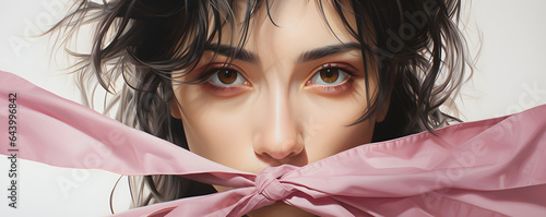 portrait of a girl covering mouth with a pink cloth