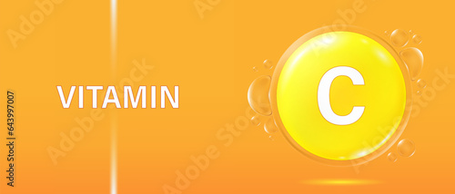 Vitamin C in bubble concept. Vitamins complex banner for advertising, health, medical science. Beauty treatment skin care design.