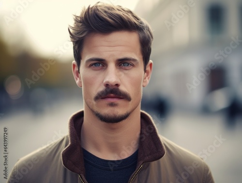 Portrait of attractive handsome man with moustache wearing casual clothing standing on the street